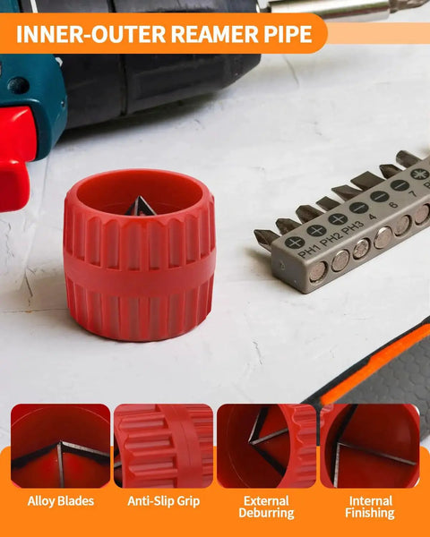 Inner-outer reamer pipe with anti-slip grip, part of All In One Depth Gauge And Pipe Deburring Tool Kit For PVC CPVC PPR PERT Copper Brass Aluminum.