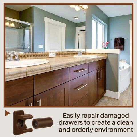 False Drawer Front Clips Set Dark Brown 8 Pieces With Screws in a bathroom cabinet setting with tile countertop and sink.