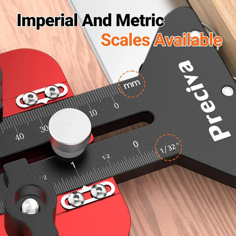 Thin Rip Table Saw Jig With Three Pulleys For Narrow Strip And Repetitive Cuts, shown with imperial and metric scales