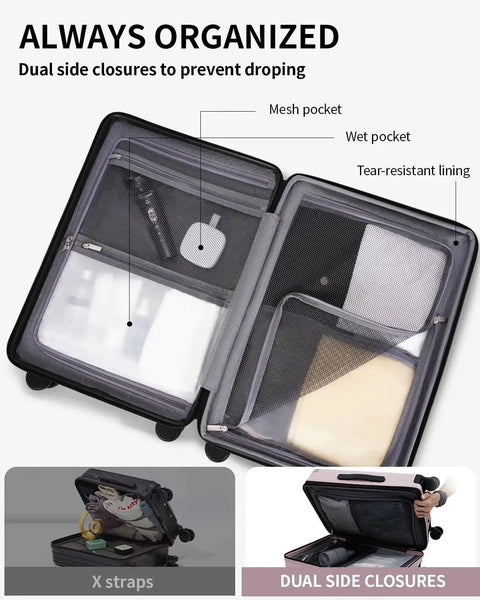 Interior of Expandable Hardside Carry-On Luggage From ECOHUB with mesh pockets, tear-resistant lining, and X straps shown open.