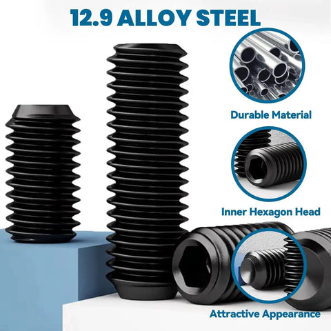 Must Have Heavy Duty Set Screw Assortment Kit 550 Pcs 25 Sizes Metric SAE Grub Screws Black 12.9 Alloy Steel Close-up