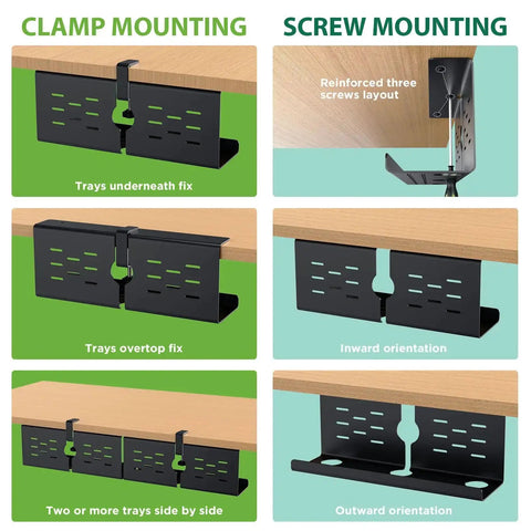 Installation options for Two Pack 16 Inch Under Desk Cable Management Trays Expandable To 32 Inches No Drill Mount Cord Organizer