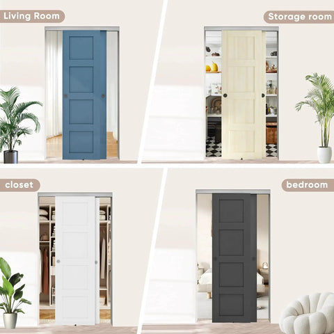 Heavy Duty Bypass Door Hardware With Soft Close For Two Sliding Closet Doors, 60 Inch Track, displayed in various rooms