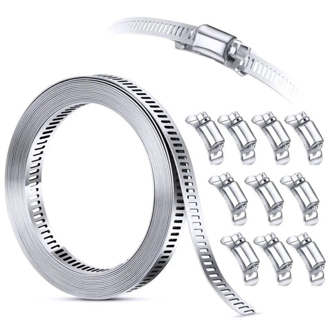 Heavy Duty 304 Stainless Steel Worm Gear Hose Clamp Fasteners Kit For DIY Adjustable Large Hose Clamps 10 Pack By SteelSoft, shown with clamps.