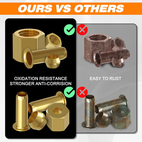 Brass 1/4 inch compression fittings assortment kit with sleeves and nuts; left shows polished brass, right shows rusted fittings.