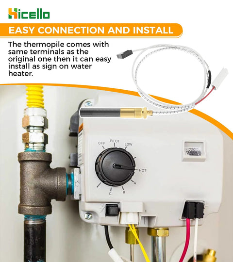 Gas minivolt thermopile pilot assembly by Hicello on white water heater control valve with yellow supply line