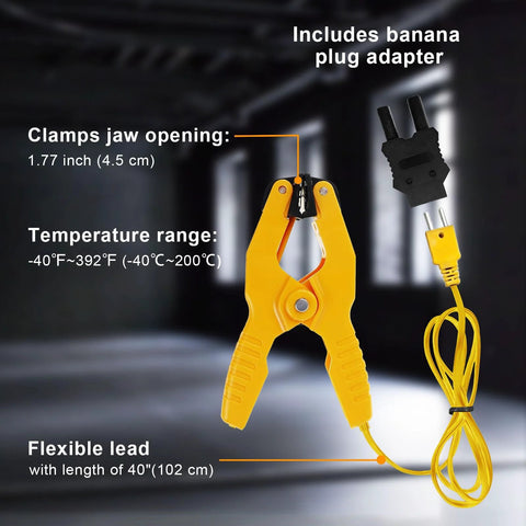 HVAC temperature clamp with banana plug adapter, yellow K-type clamp with 40in lead, -40°F to 392°F