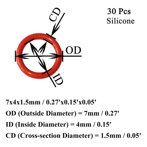 Red Silicone O Rings Set 30 Pack 7mm OD 4mm ID 1.5mm Cross Section VMQ Food Safe Gasket Pack For Cup Lids Coffee Makers Brewing