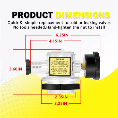 Manual air relief valve, front-right view, with pressure gauge, chrome body and black knob, dimension indicators.