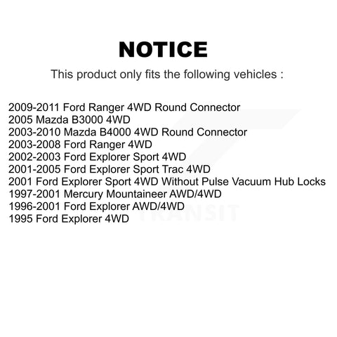 Notice showing vehicle compatibility for Front Wheel Bearing And Hub Assembly Pair Replacement Fits Ford Ranger Mazda B3000 B4000 Explorer Sport Trac Mercury Mountaineer Left Right 4WD Drop In Ready Beefed Up Bearings