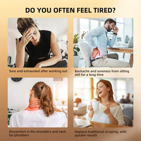 Collage showing four people experiencing physical discomfort in various situations, indicating a common need for relief solutions.