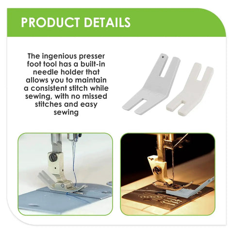 Six Piece Hump Jumper Sewing Tool Kit for Thick Hems and Denim, Seam Presser Foot, Bodkin and Button Accessories with presser foot detail.