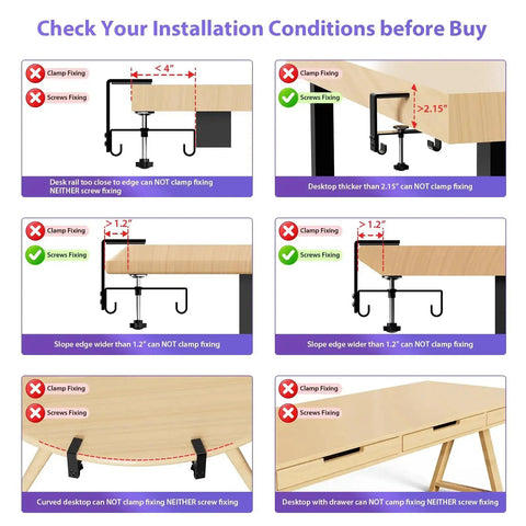 Installation conditions for 36 Inch Under Desk Cable Management Tray With Clamp And Screws, showing correct and incorrect setups.