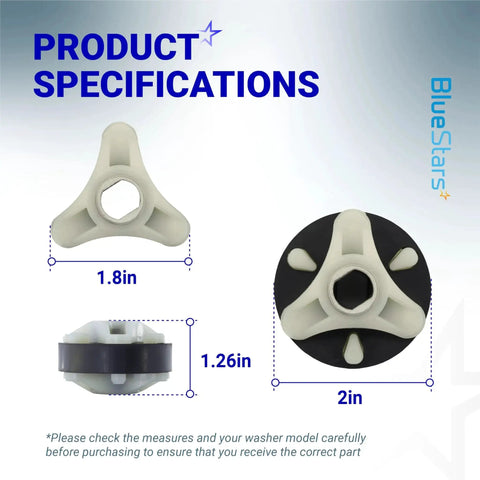 BlueStars motor coupling kit for Kenmore/Whirlpool washers; white plastic with metal core; front and side views.