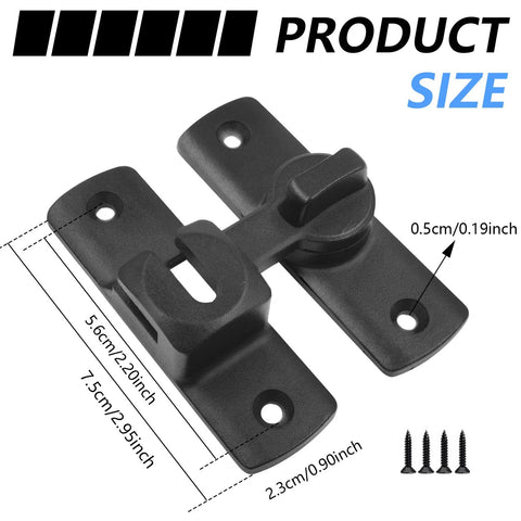 No Fuss Versatile Privacy And Security Door Latch For Barn Doors Cabinets Bathrooms And Garages With 90 Or 180 Degree Flip Lock Sliding Gate Latch Black 1 Pack Easy Left Or Right Installation shown with dimensions and screws