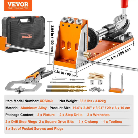 34 Piece Pocket Hole Jig Kit With Toolbox Adjustable Versatile Pocket Hole Jig Set Featuring 11 Inch C Clamp Fixtures Step Drills Wrenches Drill Stop Rings Square Drive Bits Pro Grade Tool Kit Gift For Him displayed with C-clamp and accessories on white background.