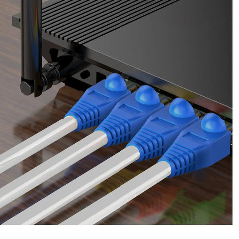 Soft PVC RJ45 Strain Relief Boots For Cat5 Cat5e Cat6 Cables Blue 100 Pack shown in network switch setup