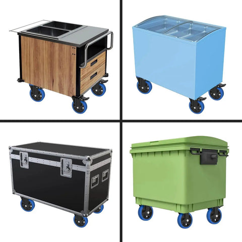 Four mobile carts on 5 Inch Caster Wheels With Brake Set Of 4 Beefy Heavy Duty Swivel Top Plate Casters with brakes and dual ball bearings.
