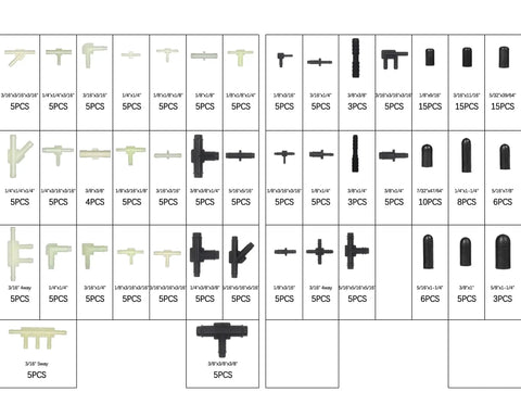 Ultimate Garage Must Have 248 Piece Automotive Vacuum Tubing Connector And Cap Assortment Kit layout showing various connectors and caps