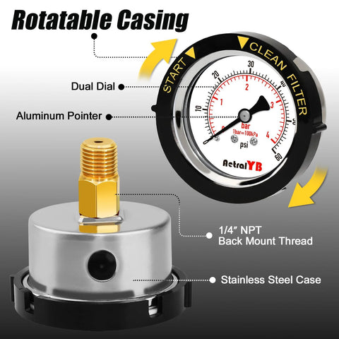 Pool pressure gauge, AetralYB 60 PSI, 2" dial, 1/4" NPT back mount, stainless steel case, IP67 waterproof