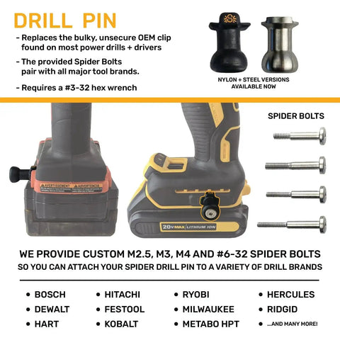 Drill Pin Holster with spider bolts and compatible brands for any power drill or driver.