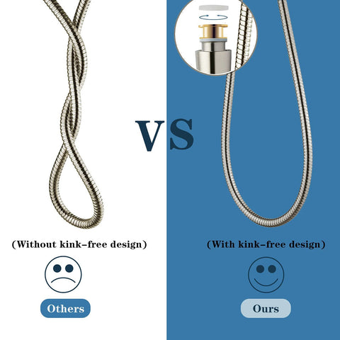 Shower hose, brushed nickel stainless steel, 79-inch; side-by-side kinked Others vs kink-free Ours hose.