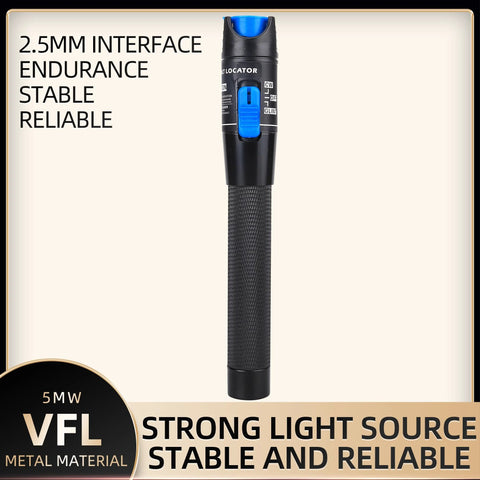 Aluminum VFL Visual Fault Locator pen with knurled black grip and blue toggle for 2.5mm fiber optic cables