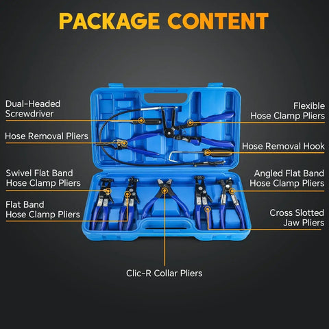 Long Reach Hose Clamp Pliers Set for Auto Fuel Oil Water Hoses 9 Pieces in blue case with labeled pliers and tools