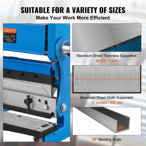 12 Inch 3 In 1 Sheet Metal Brake Shear Roll Machine With 20 Gauge Capacity And 90 Degree Bend, showcasing size capabilities