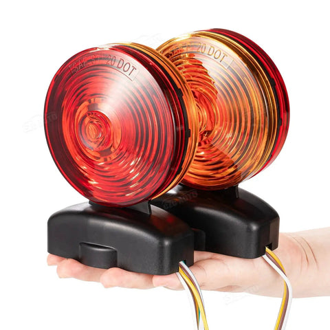 CZC Auto 12V magnetic trailer lights, two round red and amber lenses on black bases with wiring (front view)