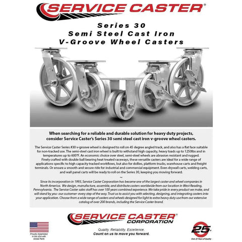 Service Caster semi-steel V-groove wheel casters set of four, 5-inch heavy-duty design for industrial use, showcasing durability