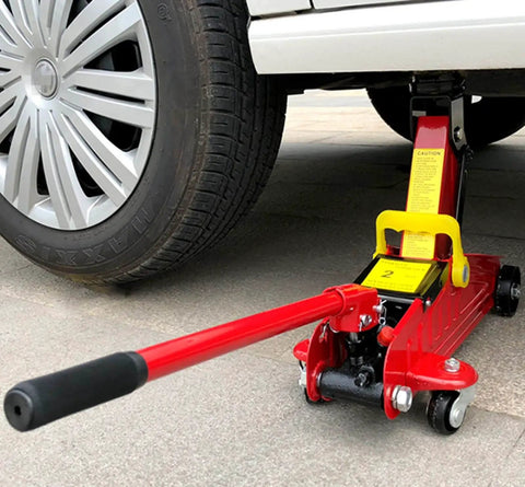 2 Ton Floor Jack Replacement Handle for Car Jack installed on red horizontal hydraulic jack lifting car