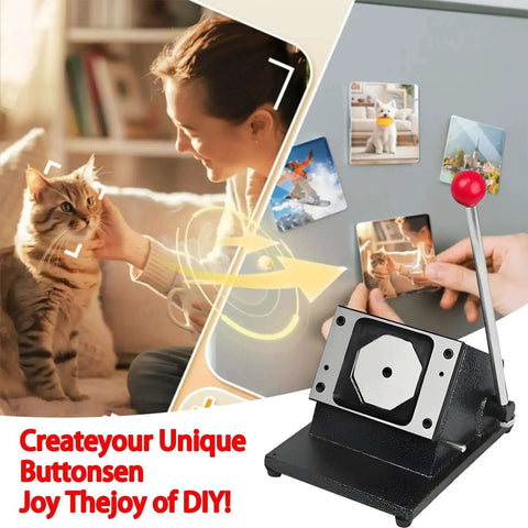 Square Magnet Button Cutter For Paper And Photos, 2x2 Inch Punch Cutter, ergonomic handle, in a DIY setup with photos on board