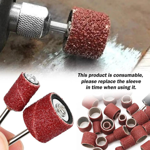 Complete Sanding Drum Set For Dremel Rotary Tools With Aluminum Oxide Sleeves in use and displayed with sanding bands and shank drums