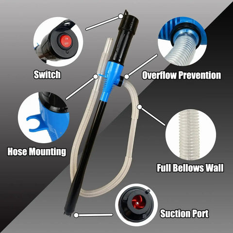 Portable Battery Powered Liquid Transfer Pump 2.2 GPM with switch, hose mounting, overflow prevention, full bellows wall and suction port.