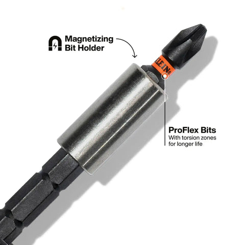 Close-up of magnetizing bit holder and ProFlex bits for the 8-In-1 Stubby Screwdriver With Magnetic Handle, Impact Rated And Adjustable Blade.