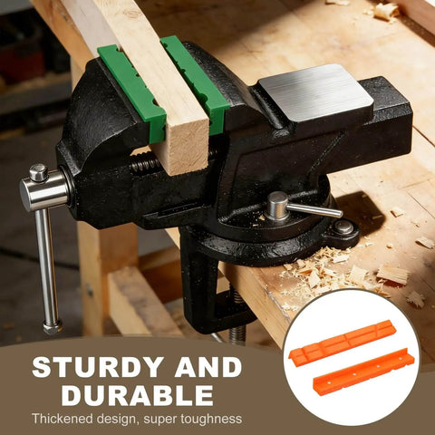 Front view of a vise with green jaw pads clamping a wooden block, inset image shows orange pads from Two Pack 8 Inch Rubber V Shape Magnetic Vise Jaw Pads Soft Anti Scratch Jaws Orange For DIY Woodworking And Plumbing Clamping With Built In Magnets For Secure Attachment And Non Scratch Protection