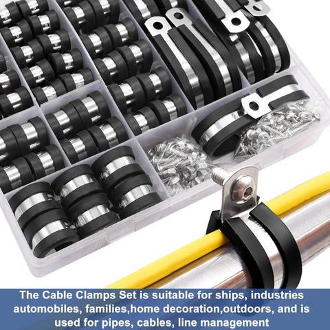 Cable clamp assortment kit in clear case; stainless steel with rubber cushions, 10 sizes from 1/4" to 1-3/4", includes two screw types.