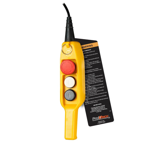 ProWinch yellow pendant remote for 1/2-ton electric chain hoist; red emergency-stop knob with white/gray buttons.