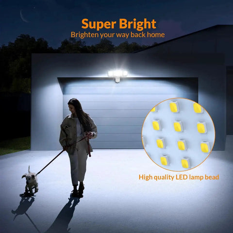 Solar Powered Motion Sensor Outdoor Light With 1600 Lumen White Flood Beams illuminating a walkway at night