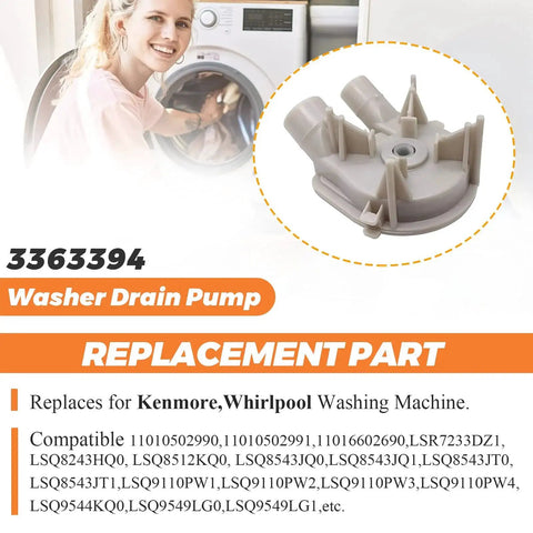 Washer drain pump replacement part WP3363394 for Whirlpool/Kenmore washers; gray plastic impeller