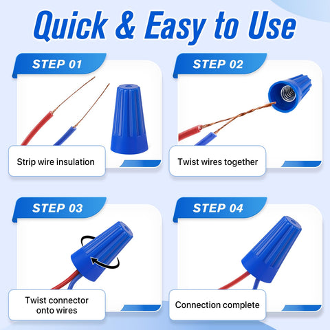 350-piece blue plastic wire connector kit with twist-on caps for electrical wiring; step-by-step usage diagram.