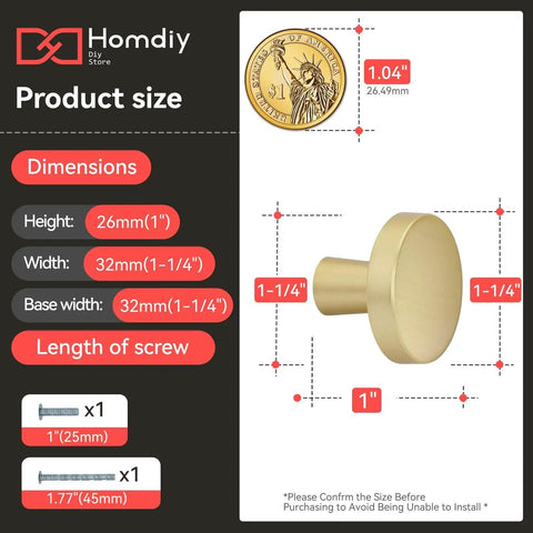 Gold Cabinet Knobs Set, Round Brushed Brass Zinc Alloy Hardware For Dresser Drawer Cupboard, 25 Pack, with size dimensions