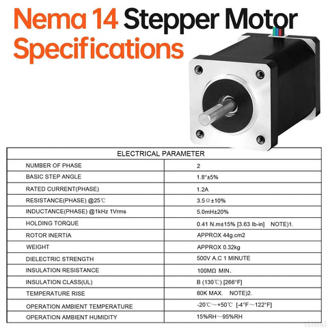 Nema 14 Stepper Motor Two Phase 1.8 Degree High Torque Bipolar 41 Ncm specs sheet and product image