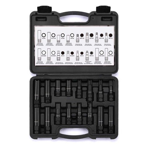 16 Piece Locking Lug Nut Master Key Set With Spline Star And Hex Keys Wheel Lock Removal Kit in open case showing tools and chart