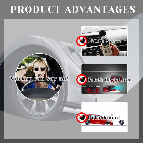 Graphic highlighting advantages of a product including noise reduction, track deviation prevention, and detachment control.