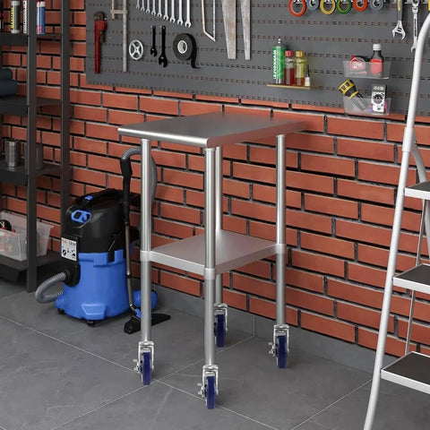 5 Inch Prep Table Wheels Set Of 4 With Expanding Stem Casters Swivel Fits Seven Eighths Inch One Inch One And A Half Inch And One And Five Eighths Inch Tube Legs For Stainless Steel Tables shown installed on a metal workbench in a garage