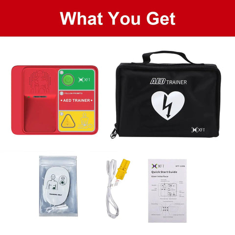 Realistic AED Trainer And Simulator For Home Use with lightweight portable defibrillator, accessories, and carrying case display.