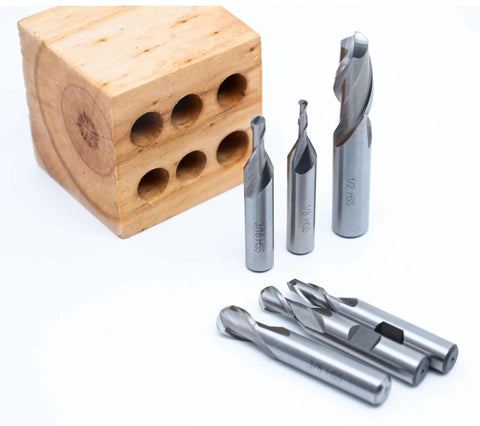 Pro Grade Ball End Mill Set For CNC Machining HSS M2 Two Flute Center Cutting Six Piece With Sizes 1/8 3/16 1/4 5/16 3/8 1/2 Inch Includes Wooden Stand For Makers By LLDSIMEX