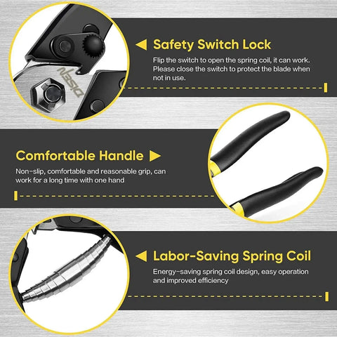 Close-up of Heavy Duty Wire Cutters For Three Sixteenth Inch Cable And Fence Wire With Safety Lock Spring Loaded Handle And Non Slip Matte Grip Chrome Vanadium Steel Jaw By DISEN with safety switch, comfortable handle, and spring coil details.